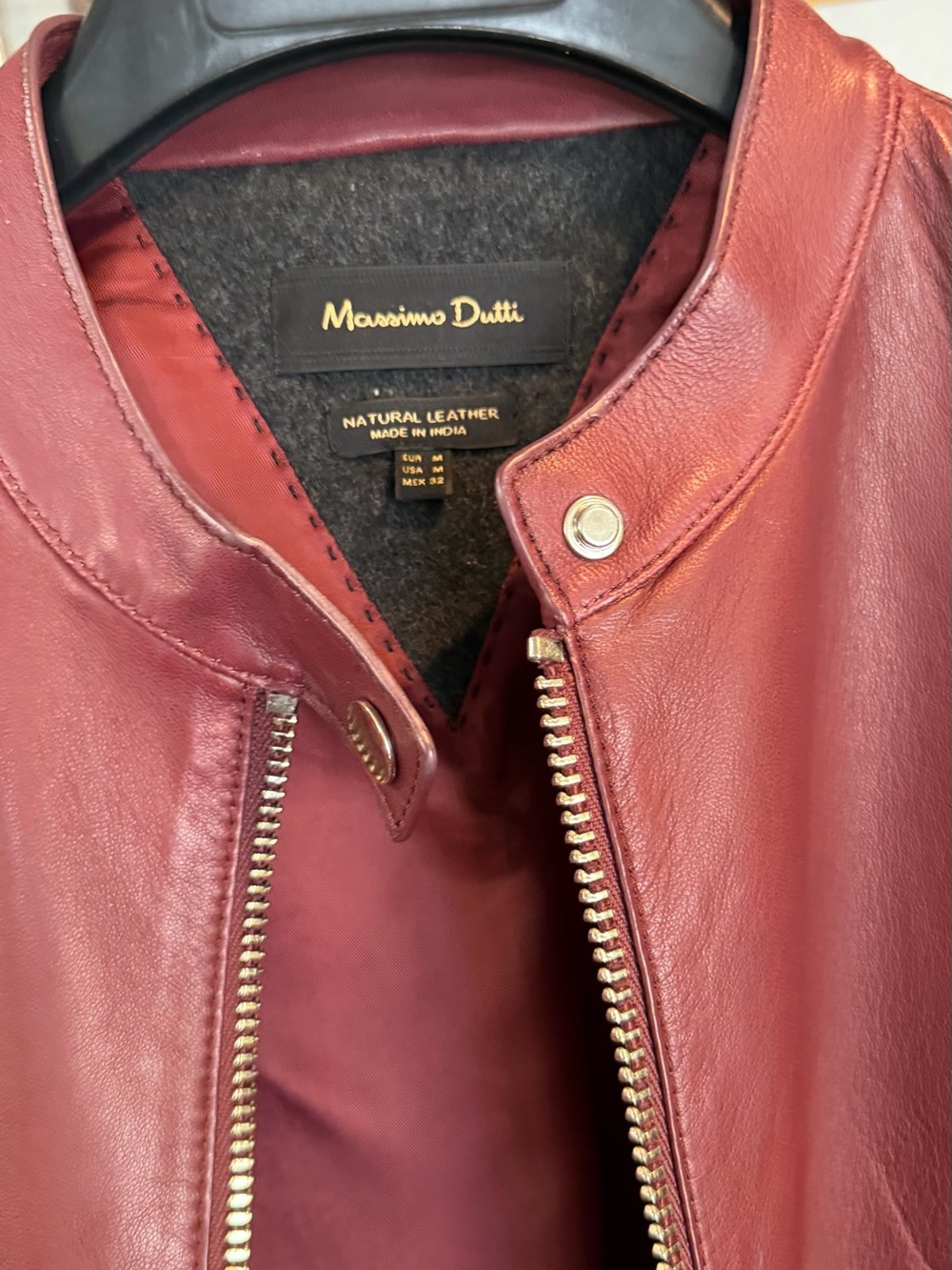 Massimo Dutti Women's Wine-Red Leather Zip Jacket